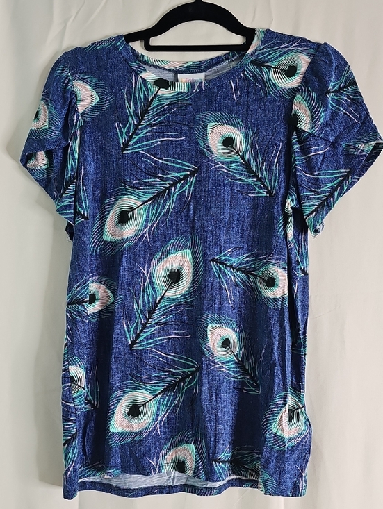 LuLaRoe Tops - Lularoe Olive Peacock Feather Print Blue Short Sleeve Tee